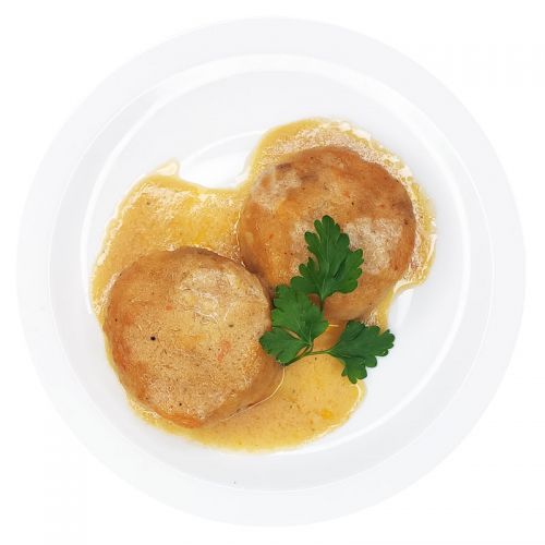 Биточки из птицы, фаршированные шампиньонами в соусе молочном с томатом